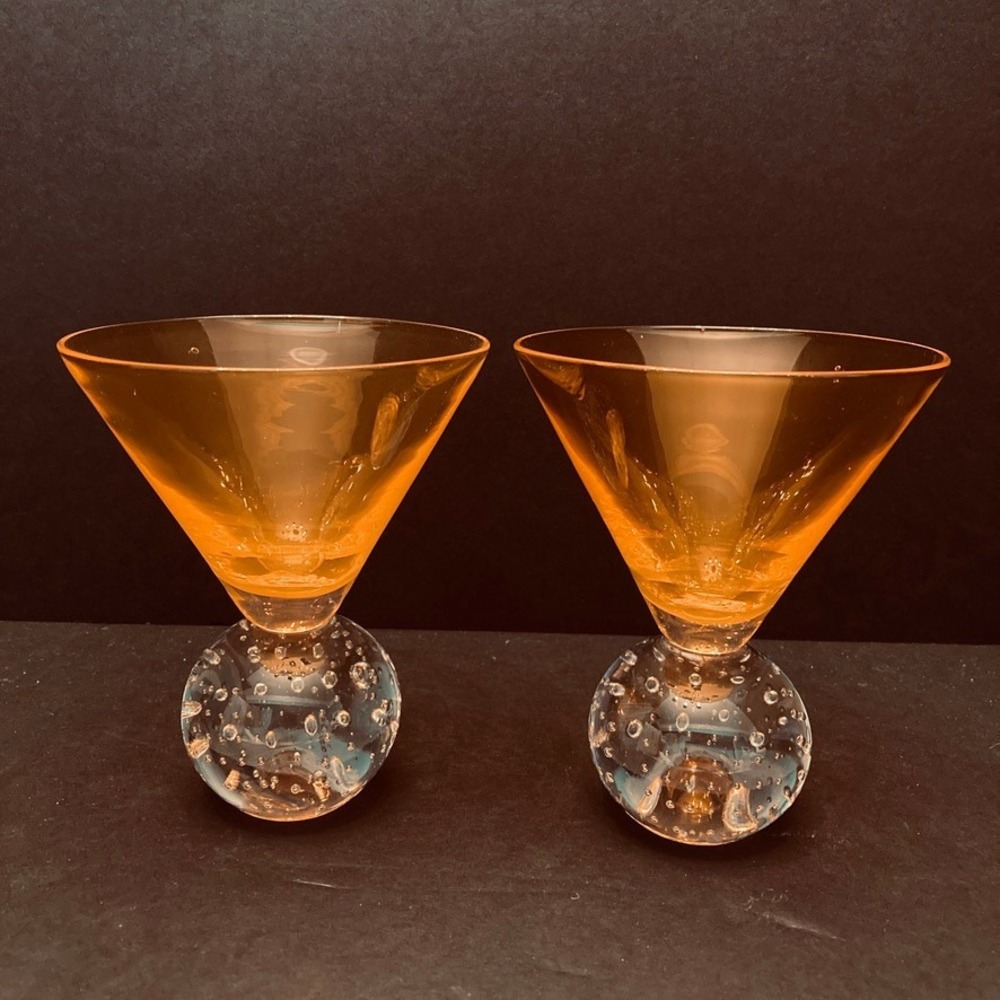 Martini Glasses Bubble Bottom Orange‎ Top Handblown Unmarked